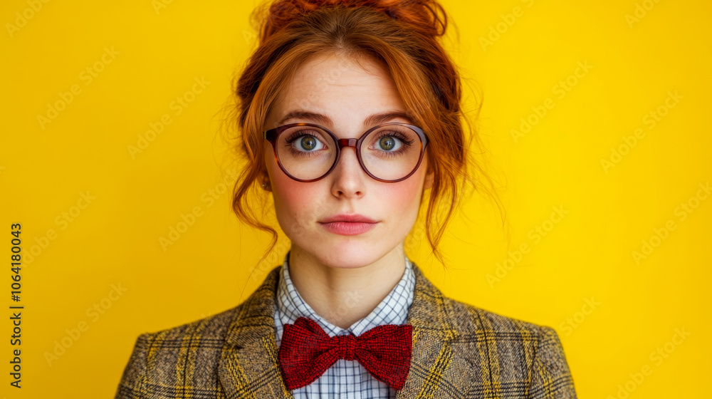 A person with glasses, red hair, and a bow tie is looking directly at the camera against a yellow background. Concept fashion, style, portrait. A person with glasses, red hair, and a bow tie is looking directly at the camera against a yellow background. Concept fashion, style, portrait.