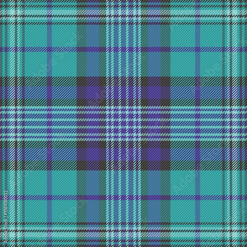 Fashion check seamless background, mens shirt tartan vector texture. 70s plaid textile pattern fabric in teal and indigo colors.
