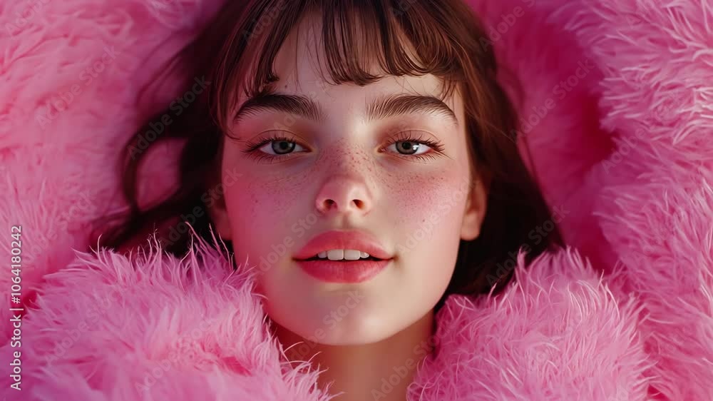 A young woman with brown hair and freckles smiles as she lays on a pink fuzzy surface A young woman with brown hair and freckles smiles as she lays on a pink fuzzy surface