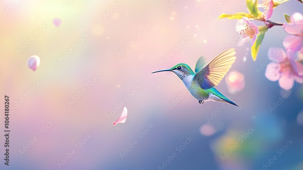 A hummingbird hovering near a blooming flower amidst a hazy sky backdrop A hummingbird hovering near a blooming flower amidst a hazy sky backdrop