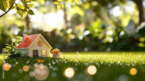 Wallpaper Mural A whimsical miniature house on lush grass, surrounded by soft lighting and greenery. Torontodigital.ca