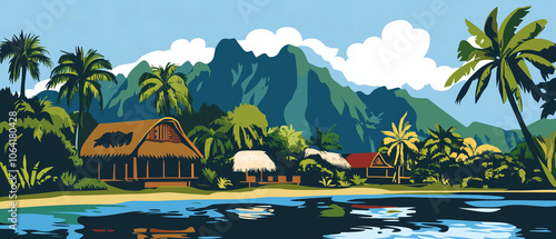 Illustration vectorielle de paysage polynésien tropical avec montagnes et palmiers photo