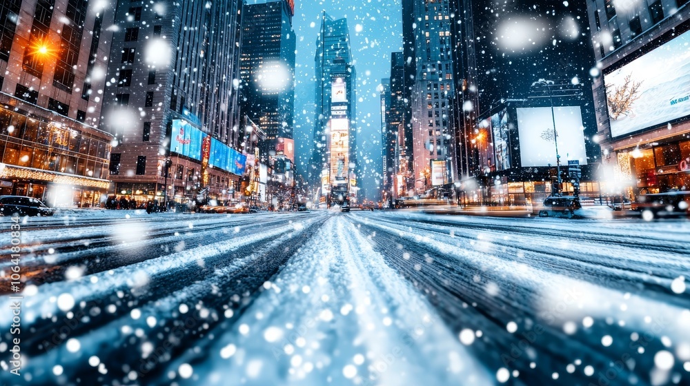 Festive Christmas street with falling snow, illuminated billboard on building, holiday lights and decorations, ready for ads, vibrant cityscape Festive Christmas street with falling snow, illuminated billboard on building, holiday lights and decorations, ready for ads, vibrant cityscape