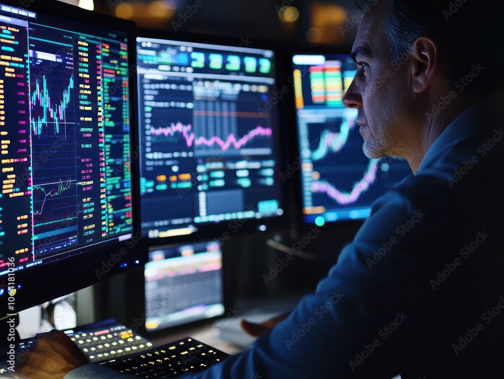 Stock market professional using high-definition monitors to track financial data and trends in a trading environment Stock market professional using high-definition monitors to track financial data and trends in a trading environment