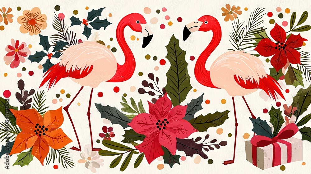 A pair of flamingos stand beside a Christmas wreath adorned with poinsettias and holly A pair of flamingos stand beside a Christmas wreath adorned with poinsettias and holly