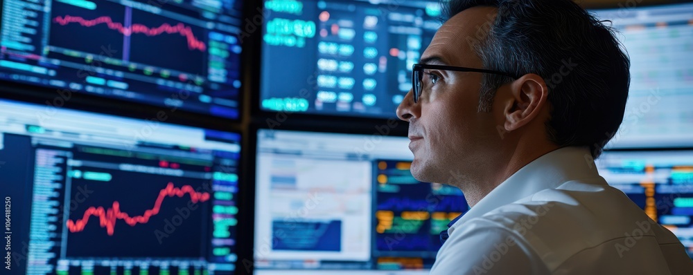 Stock market trader analyzing data and trends with multiple screens in a modern trading room Stock market trader analyzing data and trends with multiple screens in a modern trading room