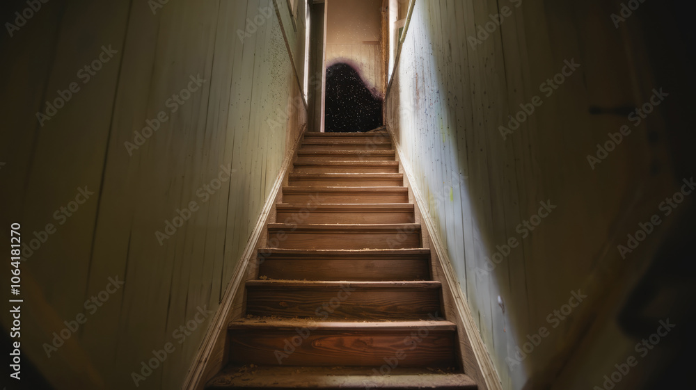 A staircase with a dark hallway in the background. The staircase is made of wood and is very narrow A staircase with a dark hallway in the background. The staircase is made of wood and is very narrow