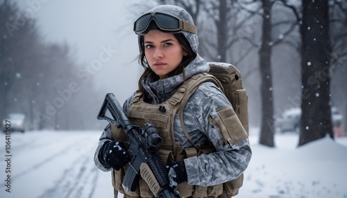 A beautiful brunette soldier girl, wearing winter camo military gear, camo plate carrier rig, combat gloves, AR-15, during a snow storm