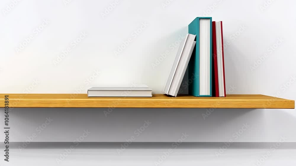 A wooden shelf with books on it, against a white wall A wooden shelf with books on it, against a white wall
