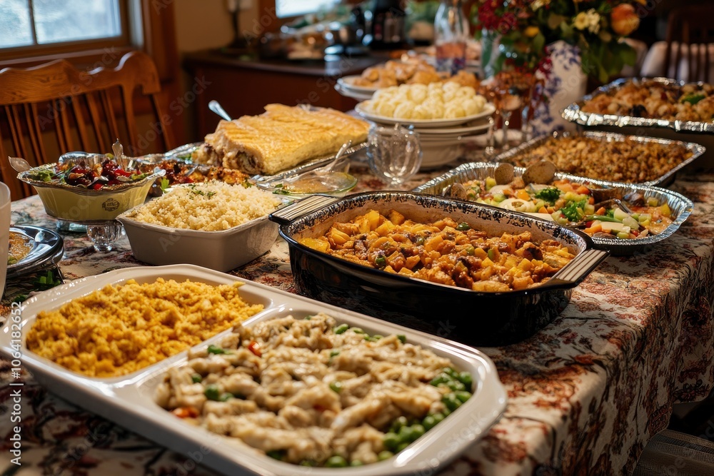 Abundant Thanksgiving Buffet Table with Traditional Dishes Abundant Thanksgiving Buffet Table with Traditional Dishes