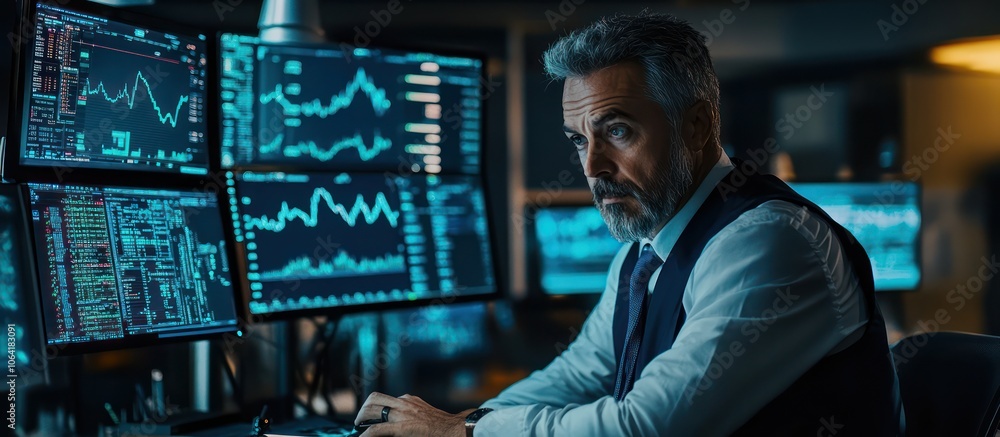 Stock trader analyzing market trends and investment data with high-resolution monitors in a trading environment Stock trader analyzing market trends and investment data with high-resolution monitors in a trading environment