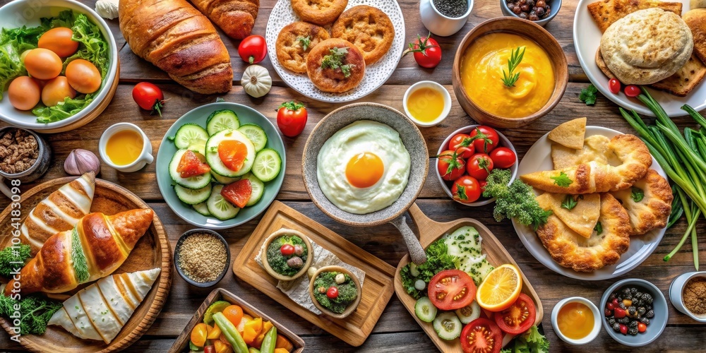 Fototapeta premium Brunch spread featuring a variety of pastries, vegetables, spreads, cheeses, and fried eggs, brunch, spread, pastries