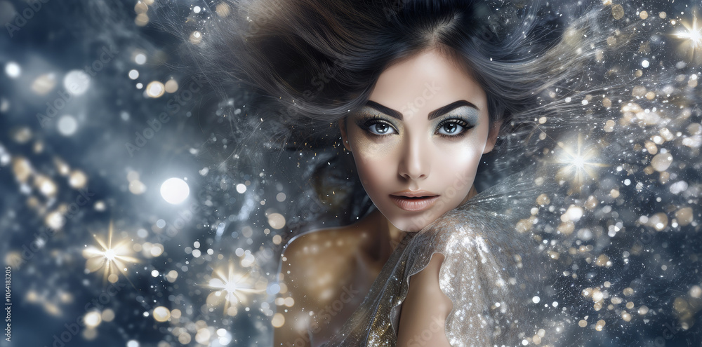 Beautiful cute sexy young mixed asian woman with high gloss silver glittering make-up, in glitter fantasy dress, celebrity and luxury premium style on silvery shiny sparkling dark grey background.
Beautiful cute sexy young mixed asian woman with high gloss silver glittering make-up, in glitter fantasy dress, celebrity and luxury premium style on silvery shiny sparkling dark grey background.