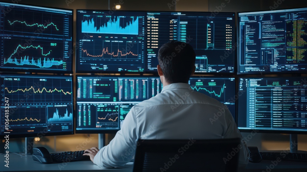 Stock trader analyzing market trends and data with multiple high-resolution screens in a modern trading environment Stock trader analyzing market trends and data with multiple high-resolution screens in a modern trading environment