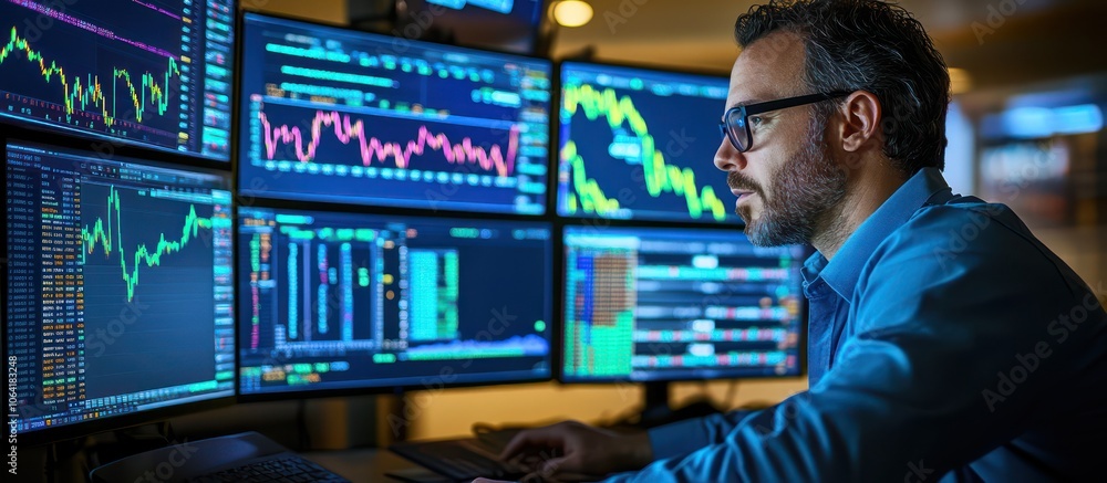 Stock trader analyzing market data and trends with high-definition screens in a modern trading environment Stock trader analyzing market data and trends with high-definition screens in a modern trading environment