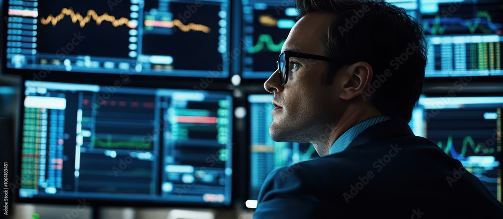Stock trader analyzing market data and trends with high-definition screens in a modern trading environment Stock trader analyzing market data and trends with high-definition screens in a modern trading environment