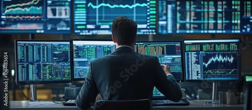 Stock trader examining financial data and analytics with multiple high-resolution monitors