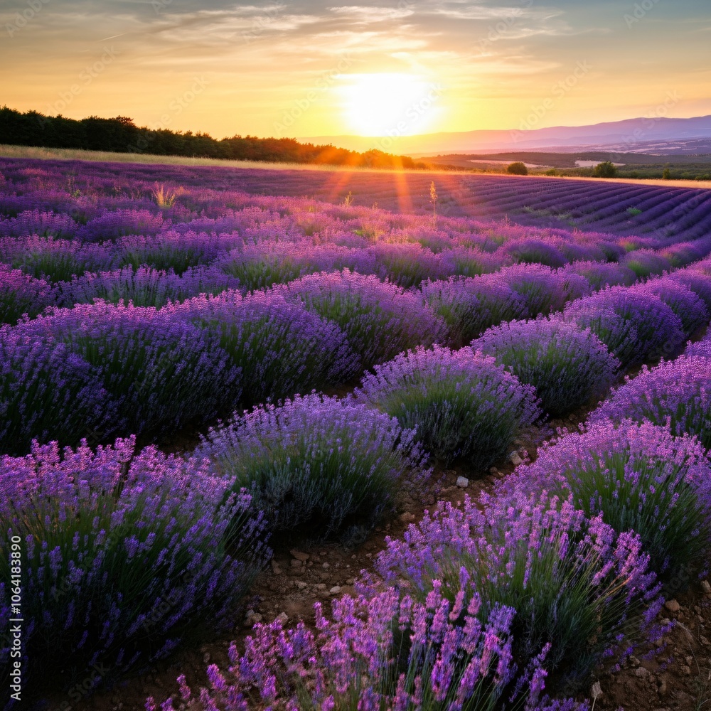 Fototapeta premium Vast lavender fields under a setting sun casting a golden glow over the landscape