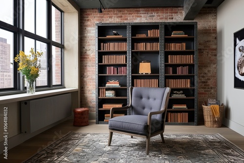 Industrial Bookcase and Stylish Armchair in a Contemporary Loft Library