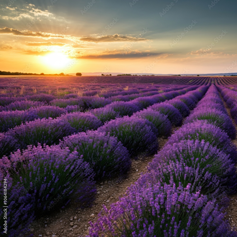 Fototapeta premium Vast lavender fields under a setting sun casting a golden glow over the landscape