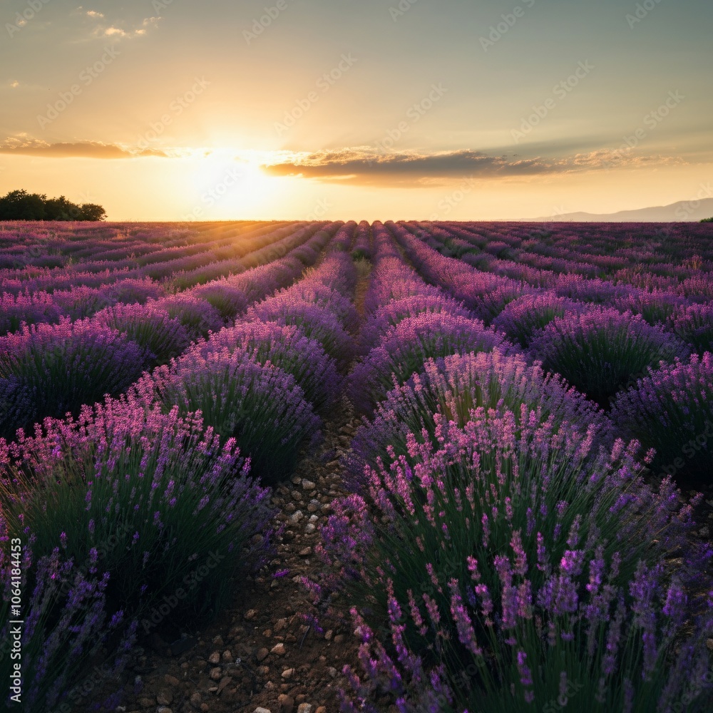 Vast lavender fields under a setting sun casting a golden glow over the landscape Vast lavender fields under a setting sun casting a golden glow over the landscape