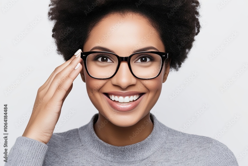 Happy Woman in Glasses Portrait on White Background with Cheerful Expression Happy Woman in Glasses Portrait on White Background with Cheerful Expression
