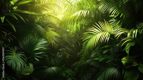 Sunlight shining through lush green tropical foliage in a jungle.