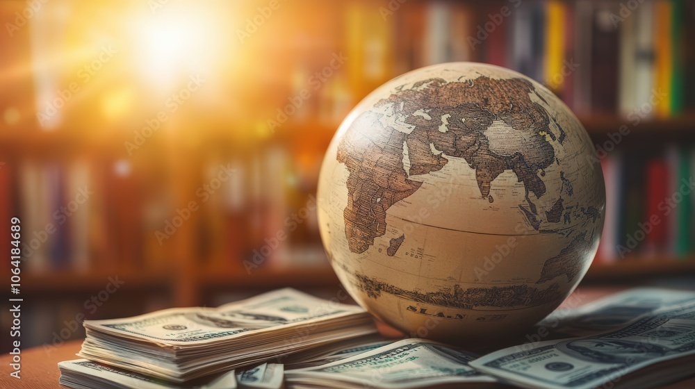 A globe surrounded by scattered dollar bills on a wooden table, with a blurred bookshelf background, ideal for illustrating global finance, economics A globe surrounded by scattered dollar bills on a wooden table, with a blurred bookshelf background, ideal for illustrating global finance, economics