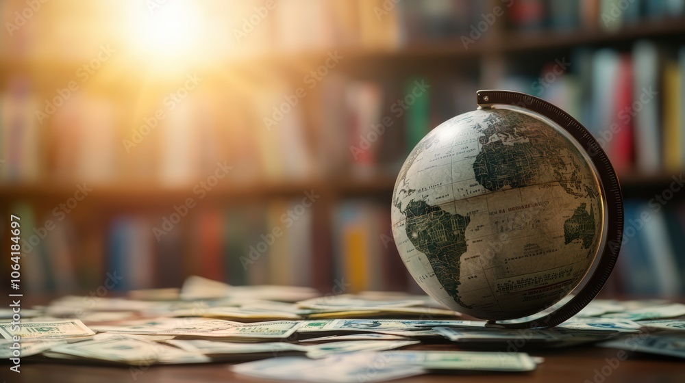 A globe surrounded by scattered dollar bills on a wooden table, with a blurred bookshelf background, ideal for illustrating global finance, economics A globe surrounded by scattered dollar bills on a wooden table, with a blurred bookshelf background, ideal for illustrating global finance, economics