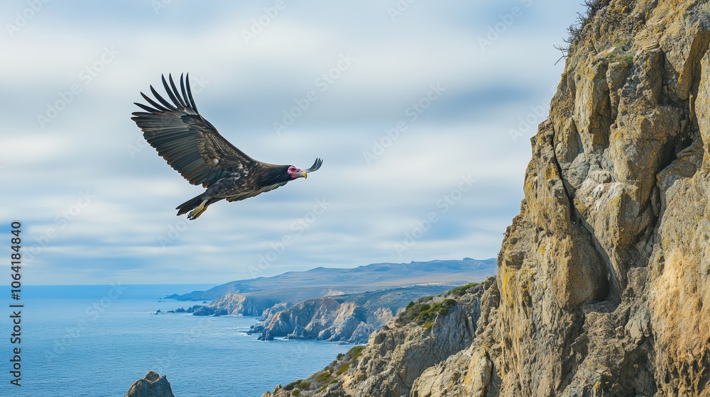 A large bird is flying over a rocky cliff with a body of water in the background. Concept of freedom and power, as the bird soars high above the landscape A large bird is flying over a rocky cliff with a body of water in the background. Concept of freedom and power, as the bird soars high above the landscape