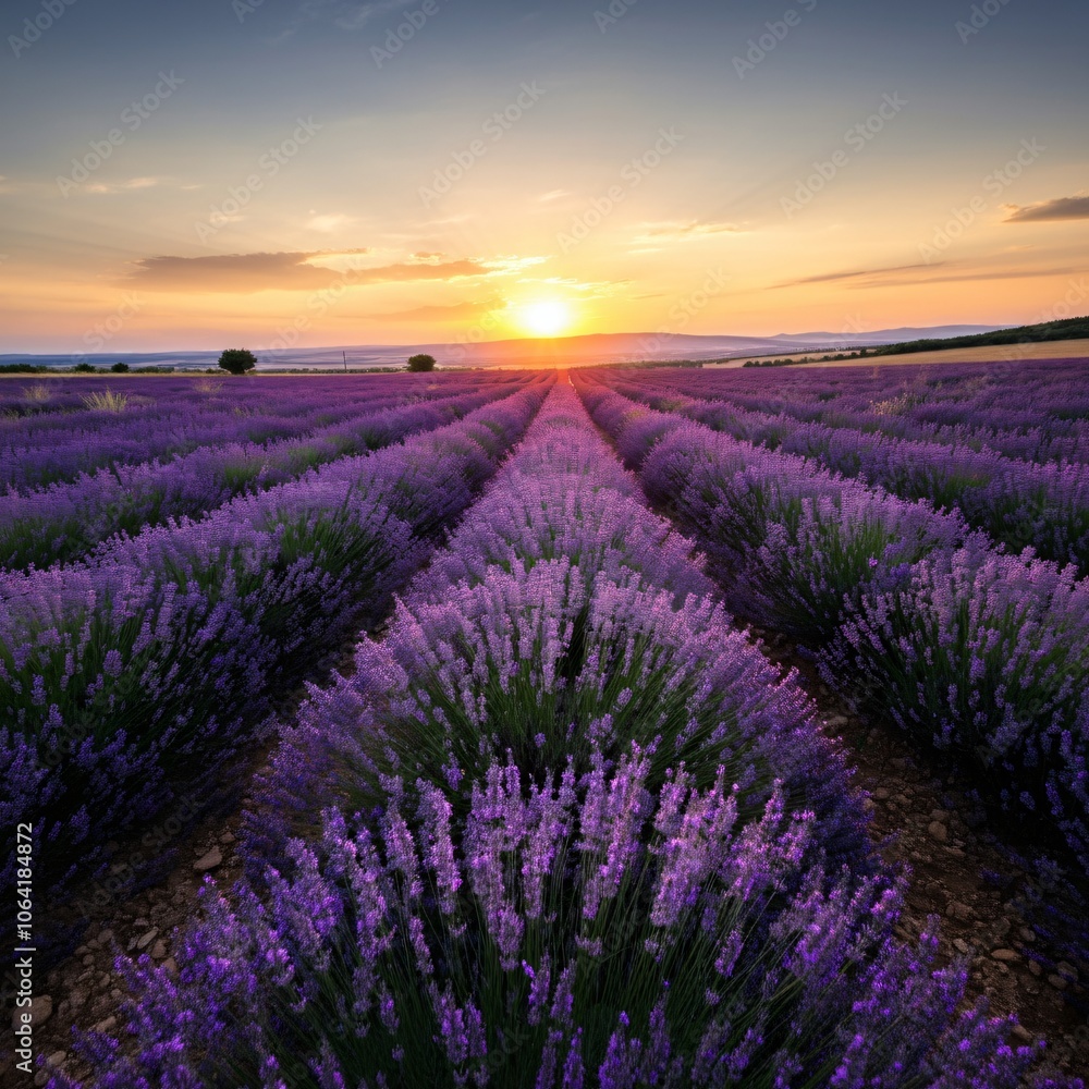 Obraz premium Vast lavender fields under a setting sun casting a golden glow over the landscape