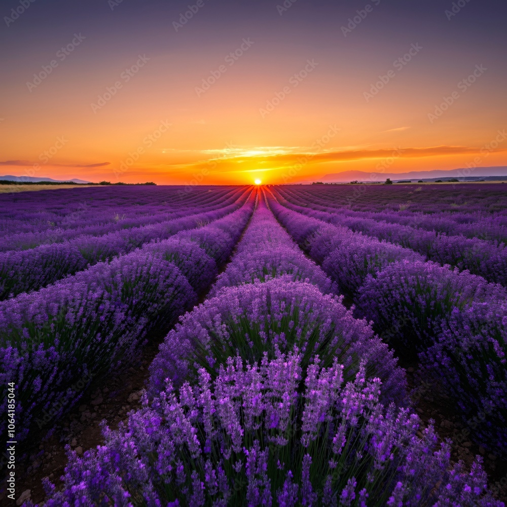 Obraz premium Vast lavender fields under a setting sun casting a golden glow over the landscape