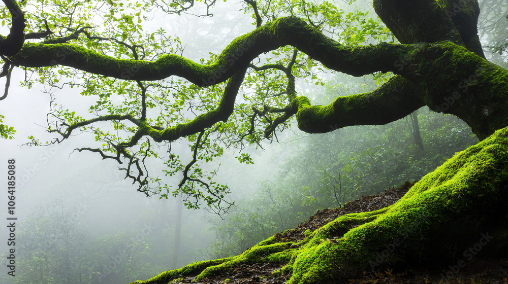 A mossy tree stands tall in the heart of a dense forest, shrouded in fog In the foreground, a lush green leafy tree adds depth and texture to the A mossy tree stands tall in the heart of a dense forest, shrouded in fog In the foreground, a lush green leafy tree adds depth and texture to the