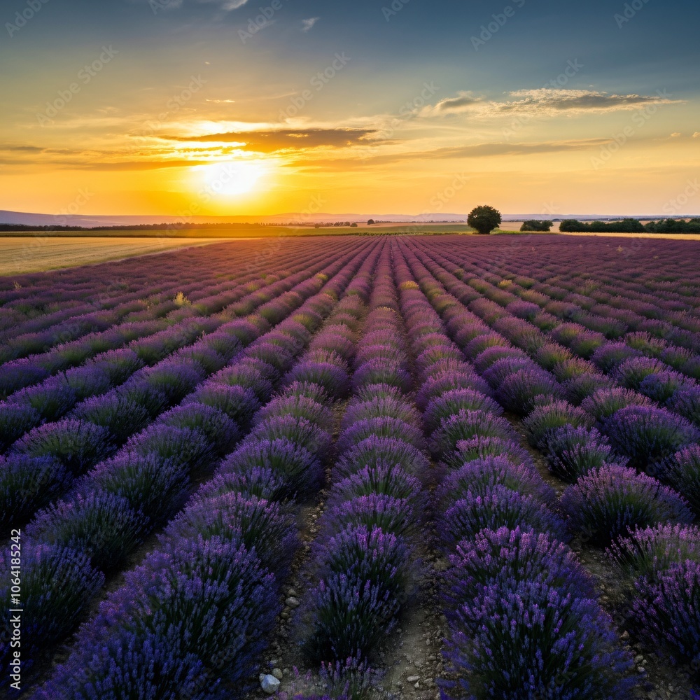 Vast lavender fields under a setting sun casting a golden glow over the landscape Vast lavender fields under a setting sun casting a golden glow over the landscape