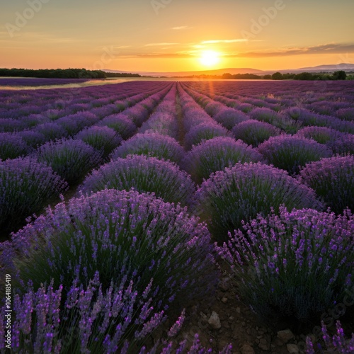 Vast lavender fields under a setting sun casting a golden glow over the landscape photo