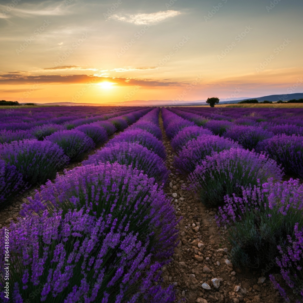 Obraz premium Vast lavender fields under a setting sun casting a golden glow over the landscape