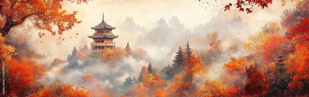 Obraz premium Autumn Forbidden City Scene with Golden Outlines in Mist