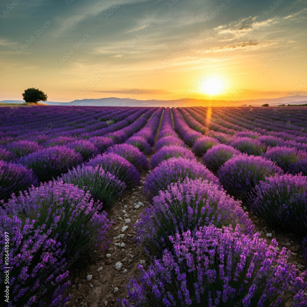 Fototapeta premium Vast lavender fields under a setting sun casting a golden glow over the landscape