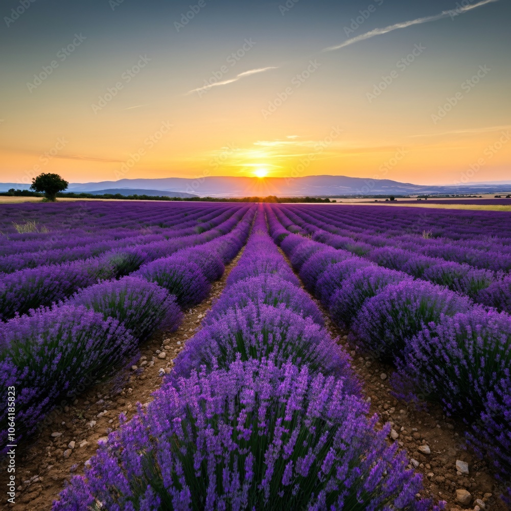 Fototapeta premium Vast lavender fields under a setting sun casting a golden glow over the landscape
