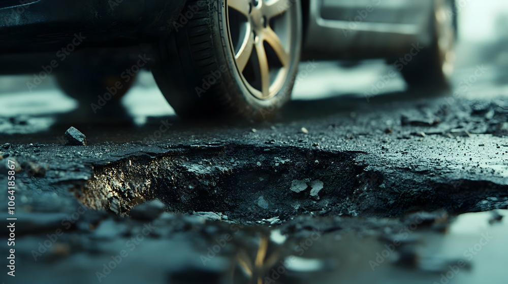 Close-up of a car tire hitting a pothole, emphasizing road safety Close-up of a car tire hitting a pothole, emphasizing road safety
