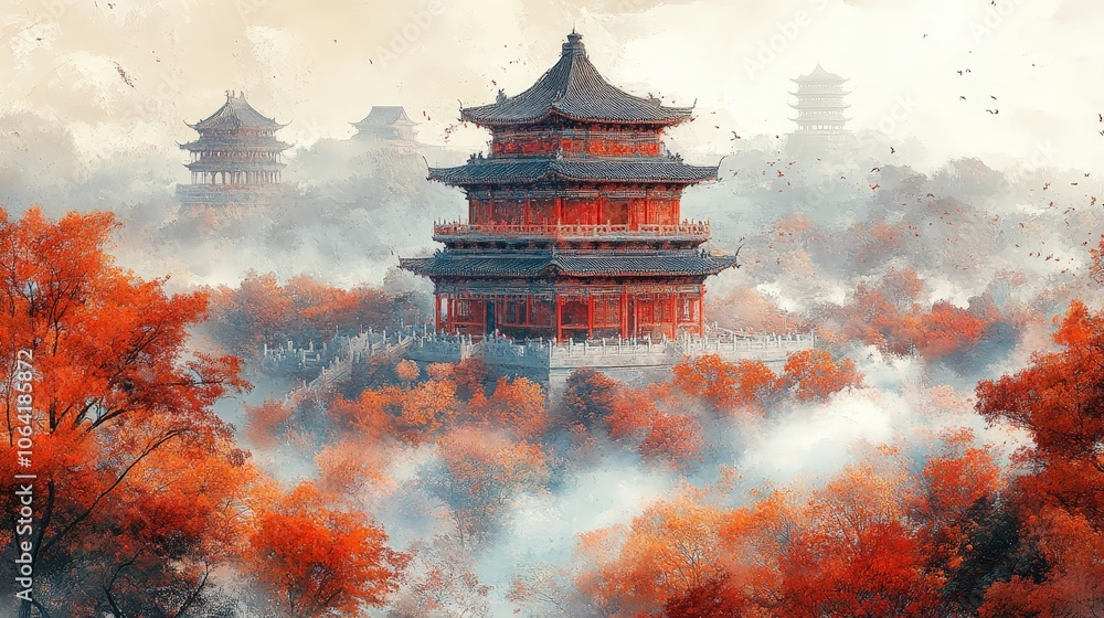 Obraz premium Autumn Forbidden City Scene with Golden Outlines in Mist