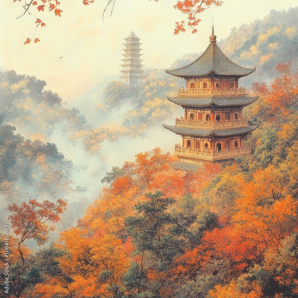 Golden-outlined Forbidden City ink painting with a flat illustration style Golden-outlined Forbidden City ink painting with a flat illustration style