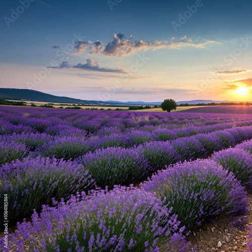 Vast lavender fields under a setting sun casting a golden glow over the landscape