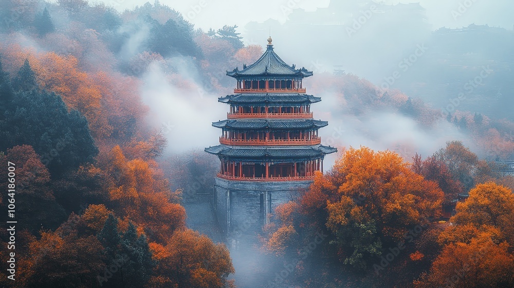 Autumn Forbidden City Scene with Golden Outlines in Mist Autumn Forbidden City Scene with Golden Outlines in Mist