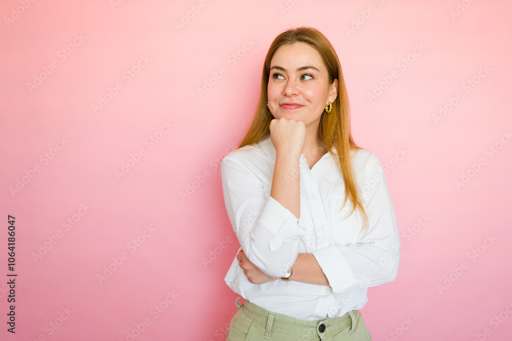 Smiling young woman with hand on chin, gazing off against a pink backdrop Smiling young woman with hand on chin, gazing off against a pink backdrop