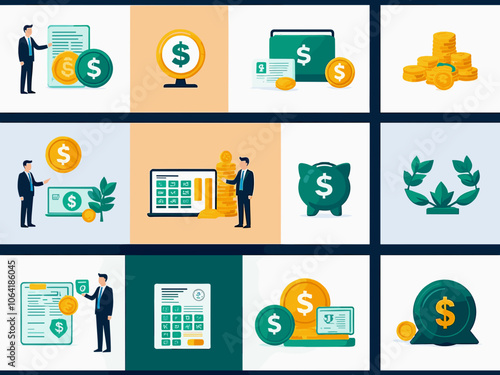 Financial service icon collection set. Containing bank, advisor, money, wealth management, insurance, foreign exchange, mutual funds icon. Simple flat vector.
