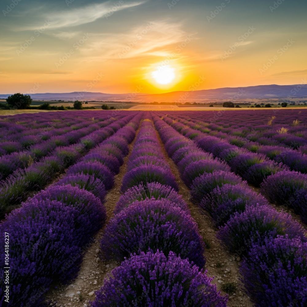 Vast lavender fields under a setting sun casting a golden glow over the landscape Vast lavender fields under a setting sun casting a golden glow over the landscape