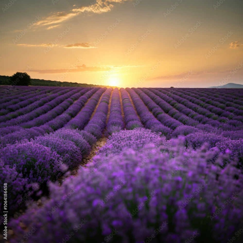 Vast lavender fields under a setting sun casting a golden glow over the landscape Vast lavender fields under a setting sun casting a golden glow over the landscape