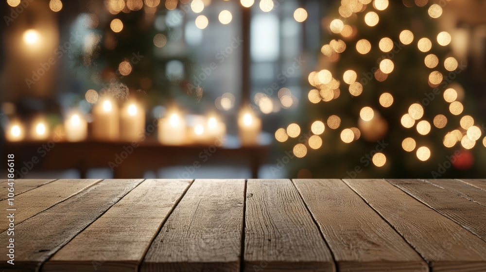 Christmas-themed background with a wooden table in the foreground, decorated tree and bokeh string lights, cozy living room setting Christmas-themed background with a wooden table in the foreground, decorated tree and bokeh string lights, cozy living room setting