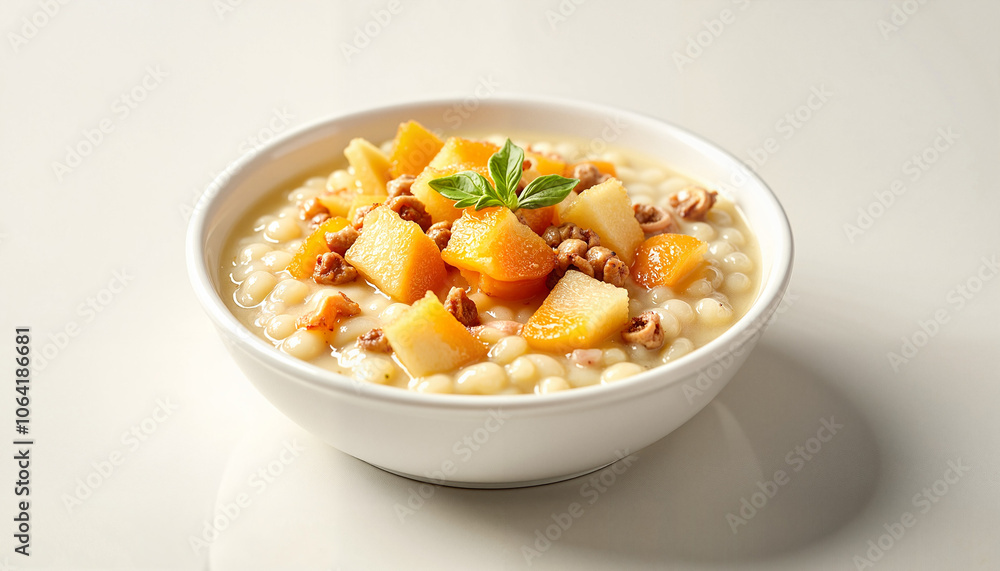 Creamy vegetable soup with squash and herbs in white bowl Creamy vegetable soup with squash and herbs in white bowl